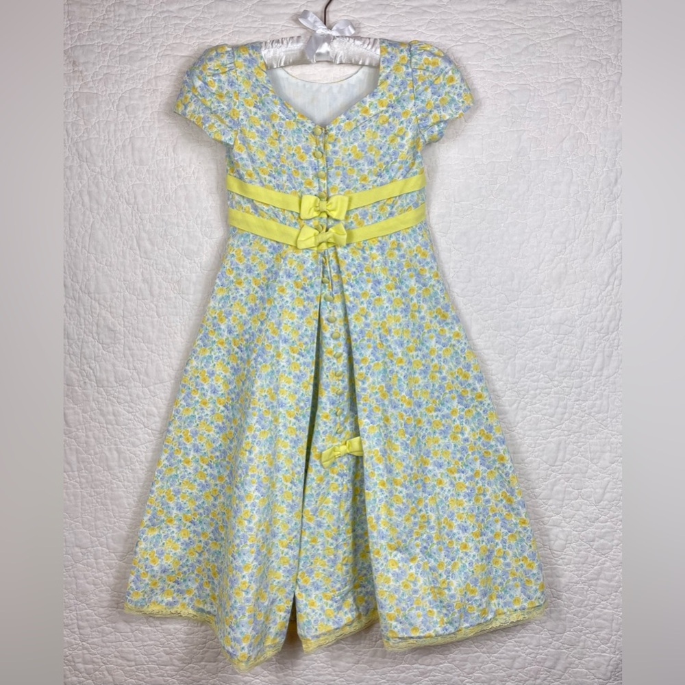 🔥Girls Formal Party Dress Short Sleeve Maxi Length Blue Yellow With Sash & Bow